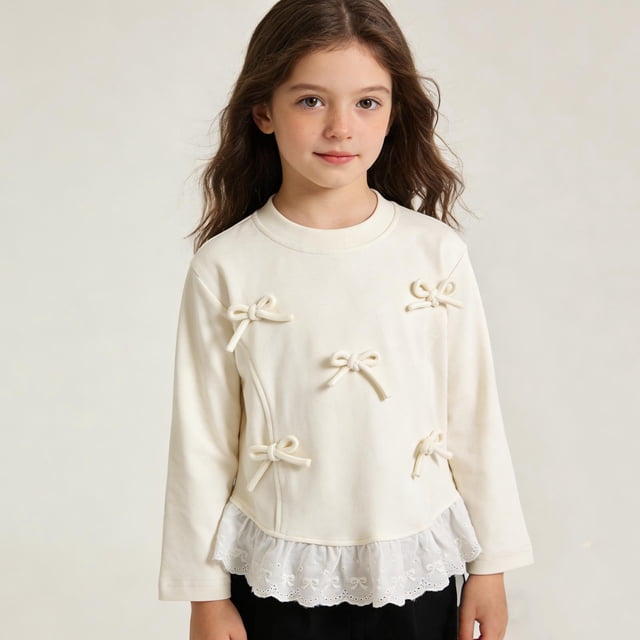 Camiseta de manga larga con lazo y cuello redondo para niña. Camisa con parte inferior de encaje dulce para niña. Prenda exterior versátil. Conjunto de top/camiseta de manga larga con cuello redondo.