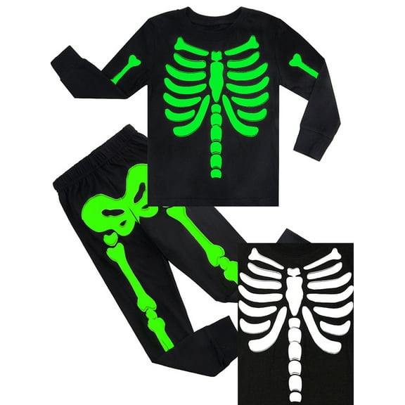 WIBACKER Halloween Little Girl Boy Glow-in-the-Dark Pajamas 100% Cotton Toddler Kids 2-Pieces Skeleton Sleepwear Sets,3T