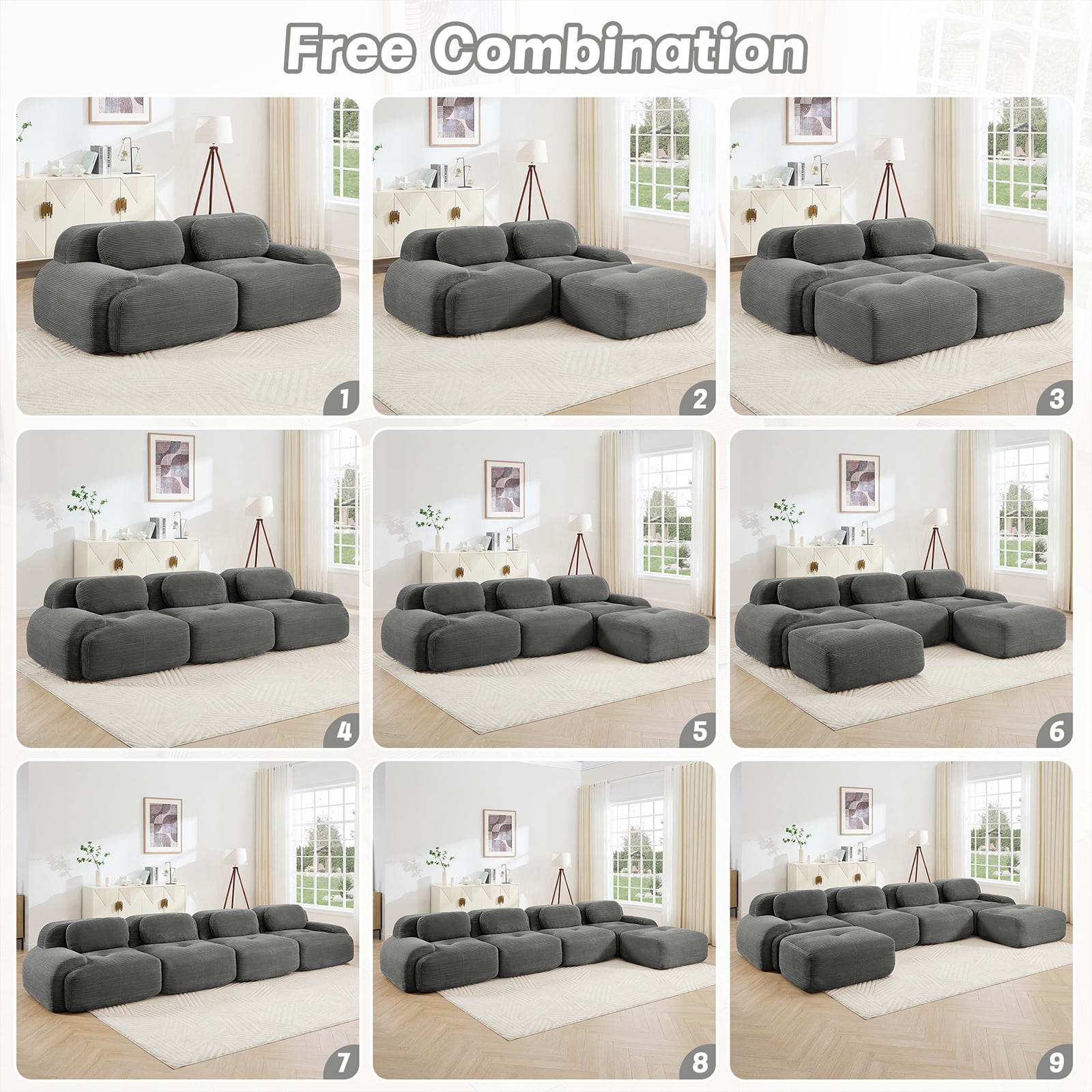 80" Modern Compressed Boneless Love Seat Couches, 2 Seater Large Sectional Couches for Living Room, Gray Corduroy Cloud Modular Sectional Sofa, Memory Foam, Extra Deep Loveseat, No Assembly