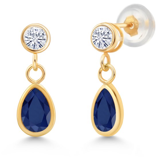 Gem Stone King 14K Yellow Gold Blue Sapphire and White Moissanite Dangle Earrings for Women (1.20 Cttw, Gemstone September Birthstone, Pear Shape 6X4MM, Round 3MM)
