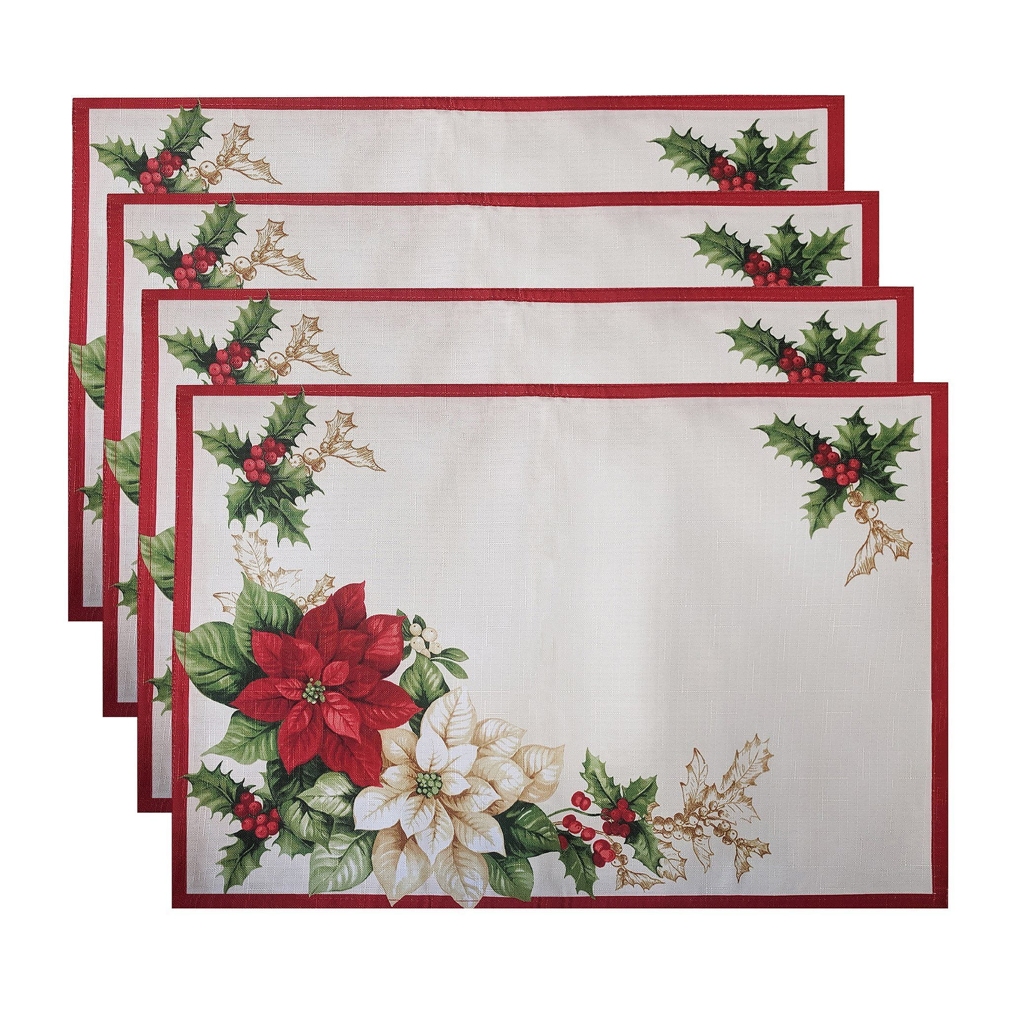 Elrene Home Fashions Red and White Poinsettias Placemat, Set of 4, 13