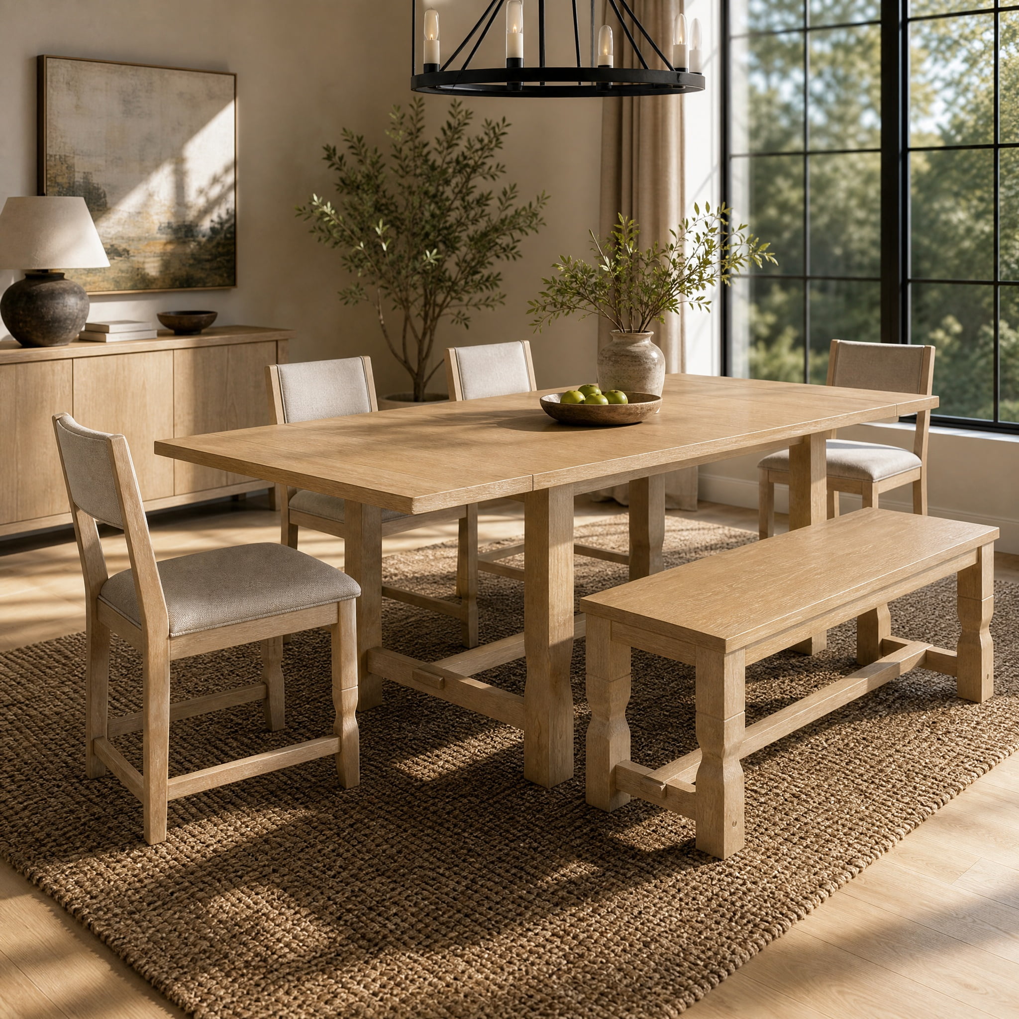 Mintazer 6 Piece Extendable Dining Table Set with 4 Upholstered Dining Chairs & Bench, 84 Inch Rectangular Farmhouse Dinner Table with 2 Removable Leaves for Kitchen Dining Room Apartment, Natural