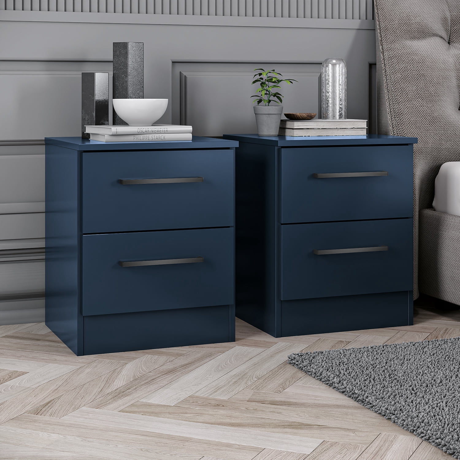 Kappesberg Jolyne 2-Drawer Nightstand Set of 2, Blue with Black Handles – Modern Bedroom Storage for Adults and Teens