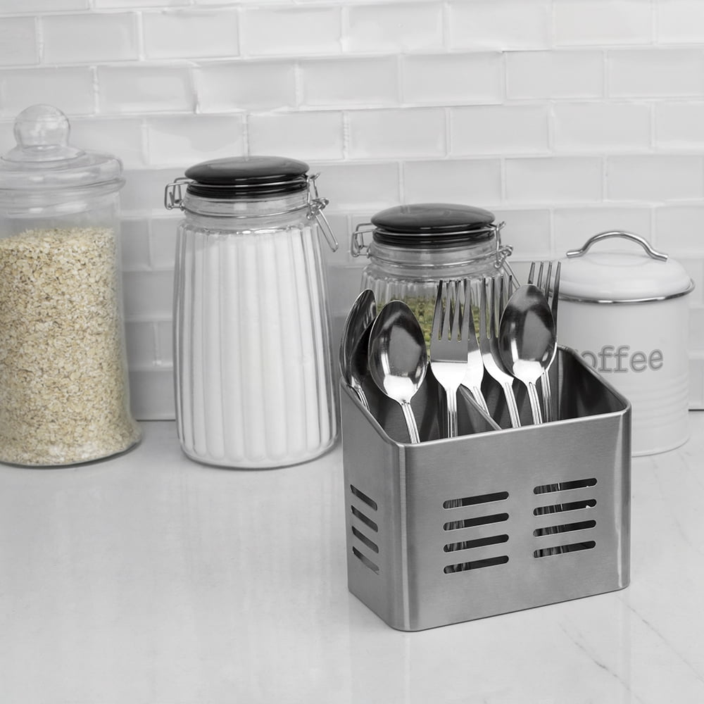 Home Basics Dual Compartment Stainless Steel Cutlery Holder