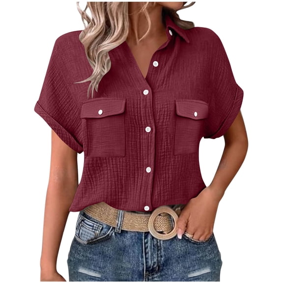 BUIGTTKLOP Womens Button down Shirts Casual Short Sleeve Dress Shirt Textured Collared Work Blouse Summer Clothes 2026