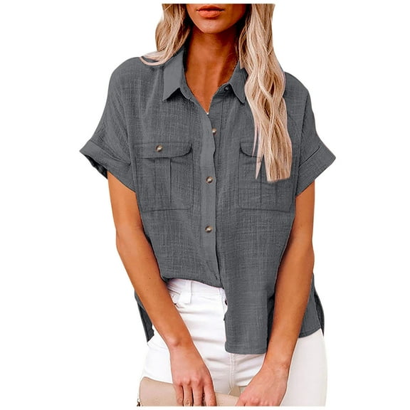 ALLLIST Women's Tops Cotton Linen Short Sleeve Button Down Shirts with Pockets Casual Gray Solid Shirts Women's Clothing