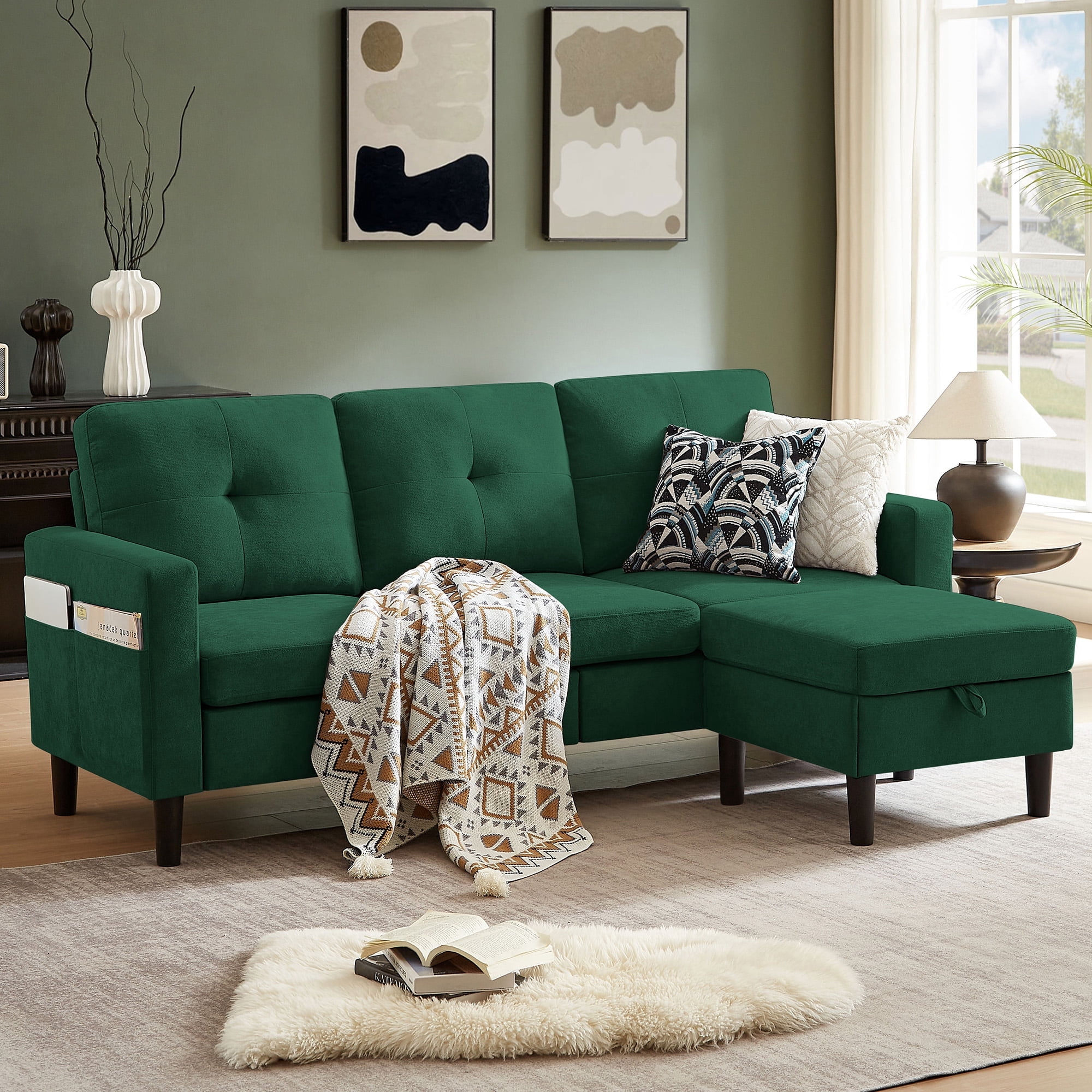 Tornama Linen L Shaped Convertible Sectional Sofa with Reversible Chaise, Green