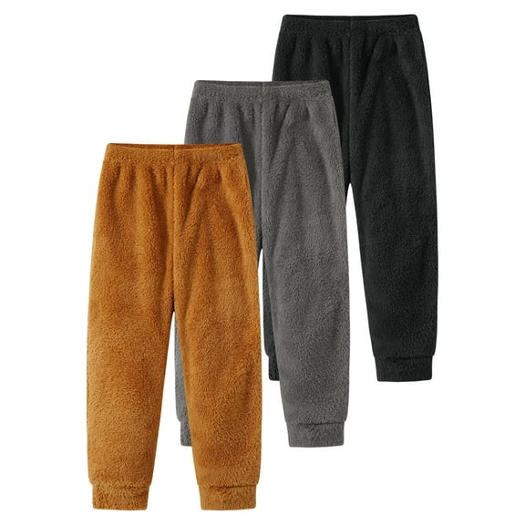 Fdqin Boys Fleece Pants 3 Pcs Warm Soft Fleece-Lined Pant Elastic Waist Winter Sweatpants Brown Grey Black 3-4 Years