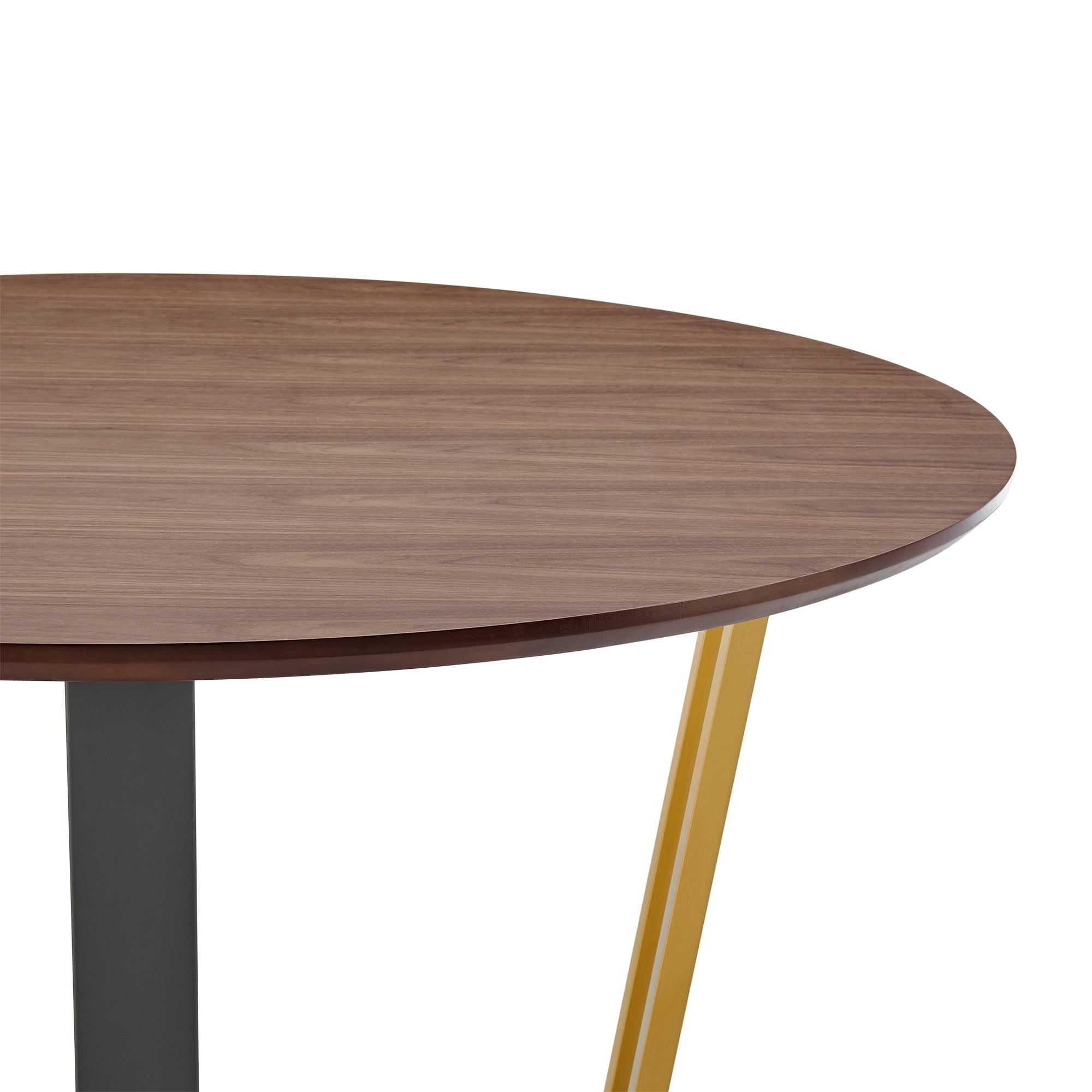 Joana 48" Round Dining Table in Gold Stainless Steel and Black Iron Base with Walnut Tabletop