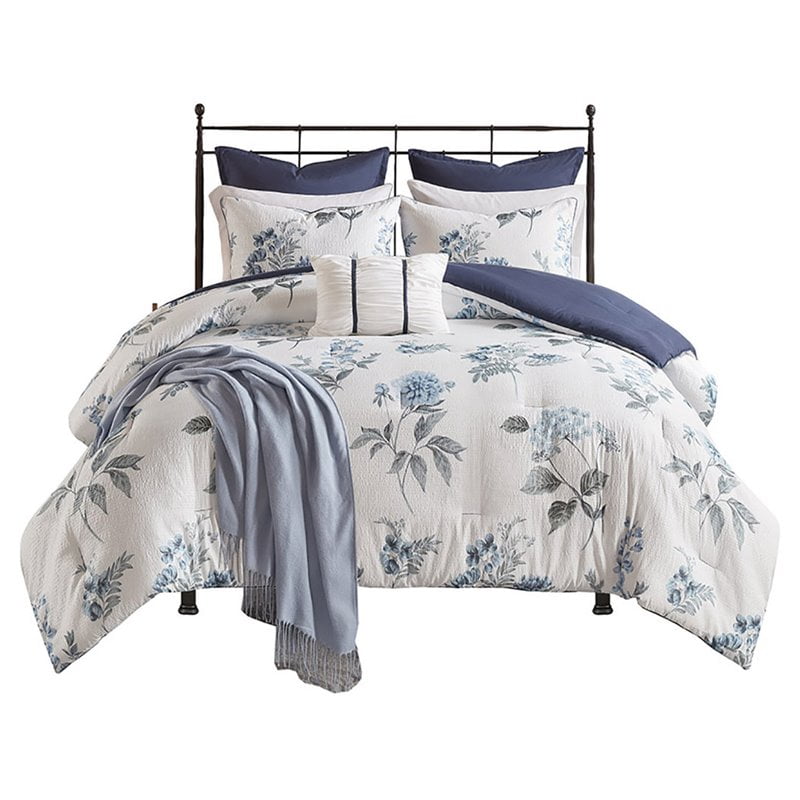 Madison Park Zennia 7 Piece Polyester Comforter Set with Throw Blanket in Blue Walmart