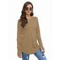 thumbnail image 4 of Womens Trendy Fall Tops Oversized Long Sleeve Thumb Holes Shirts Casual Crewneck Loose Fit Fashion Clothes Camel L, 4 of 5