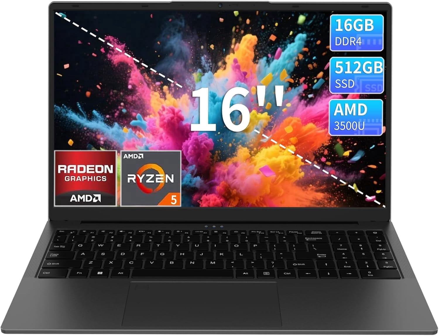 KurieTim 16" Laptop Computer, 16GB RAM 512GB SSD AMD Ryzen 5 3500U with Fingerprint Backlit Keyboard