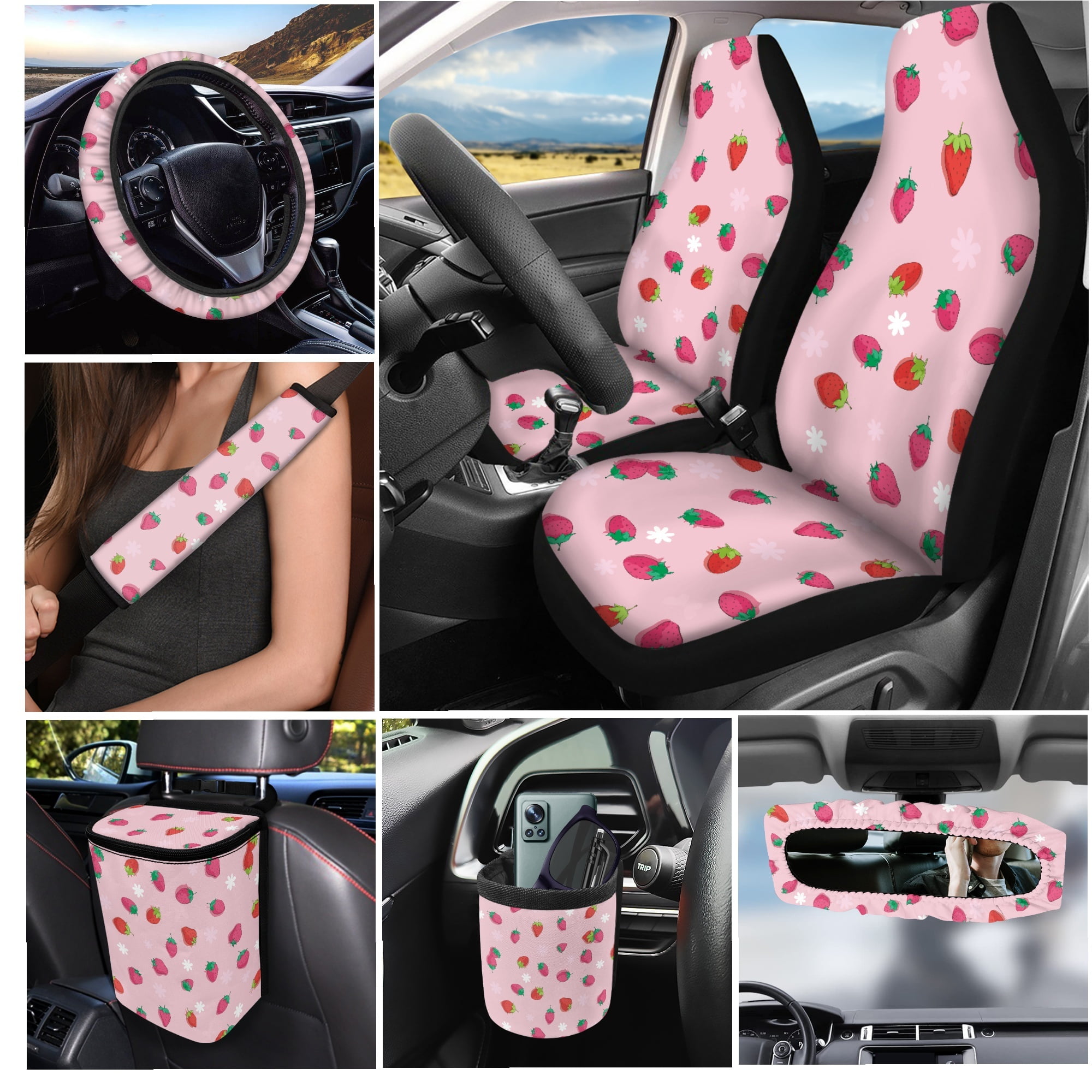 Yuyamidu Strawberry Car Seat Cover for Women Girls Pink Steering Wheel Cover Seat Belt Strap Pad Trash Bag Hanging Storage Bag Rearview Mirror Accessory Cup Holder Key Chain 15 Pieces