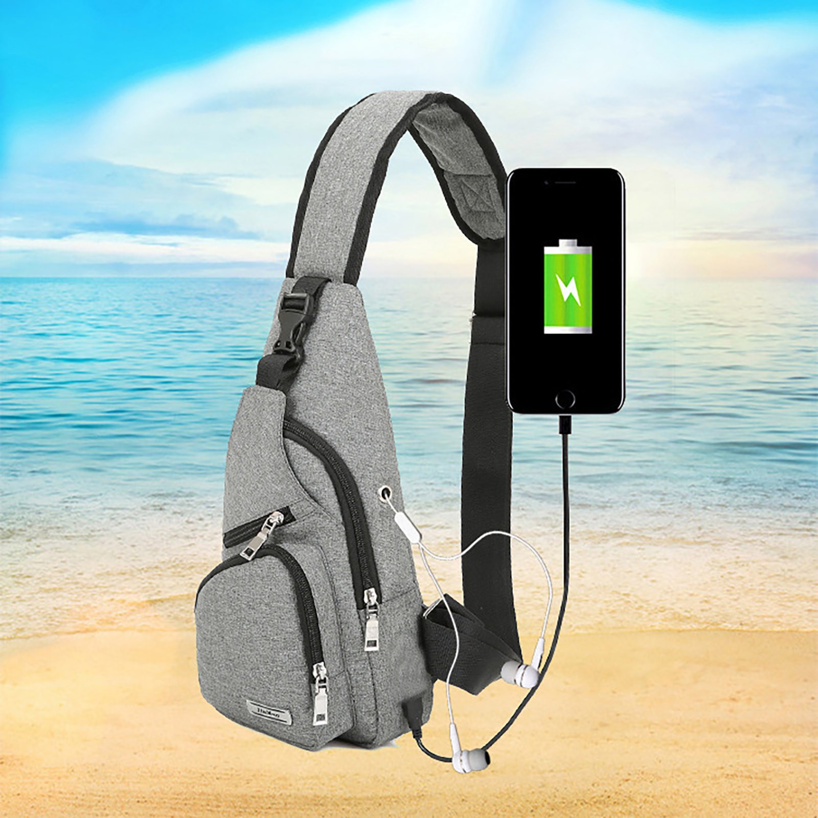 Stylago USB Charging Port Sling Backpack for Women Chest Bag Crossbody Purse with Earphone Hole Multifunctional Hiking Travel Pack Grey