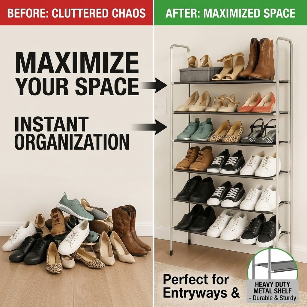 USTECH 10-Tier Expandable Metal Shoe Rack Organizer | Adjustable & Stackable Shoe Shelf for 40 Pairs | Free Standing Closet Storage with Non-Slip Finish & Rubber Feet for Entryway & Bedroom