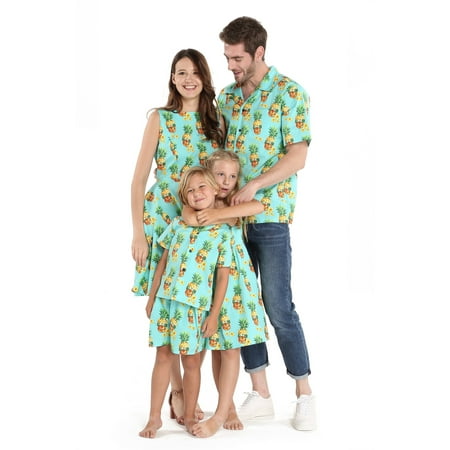 

Matchable Family Hawaiian Luau Men Women Girl Boy Clothes in Pineapple Skull Turquoise