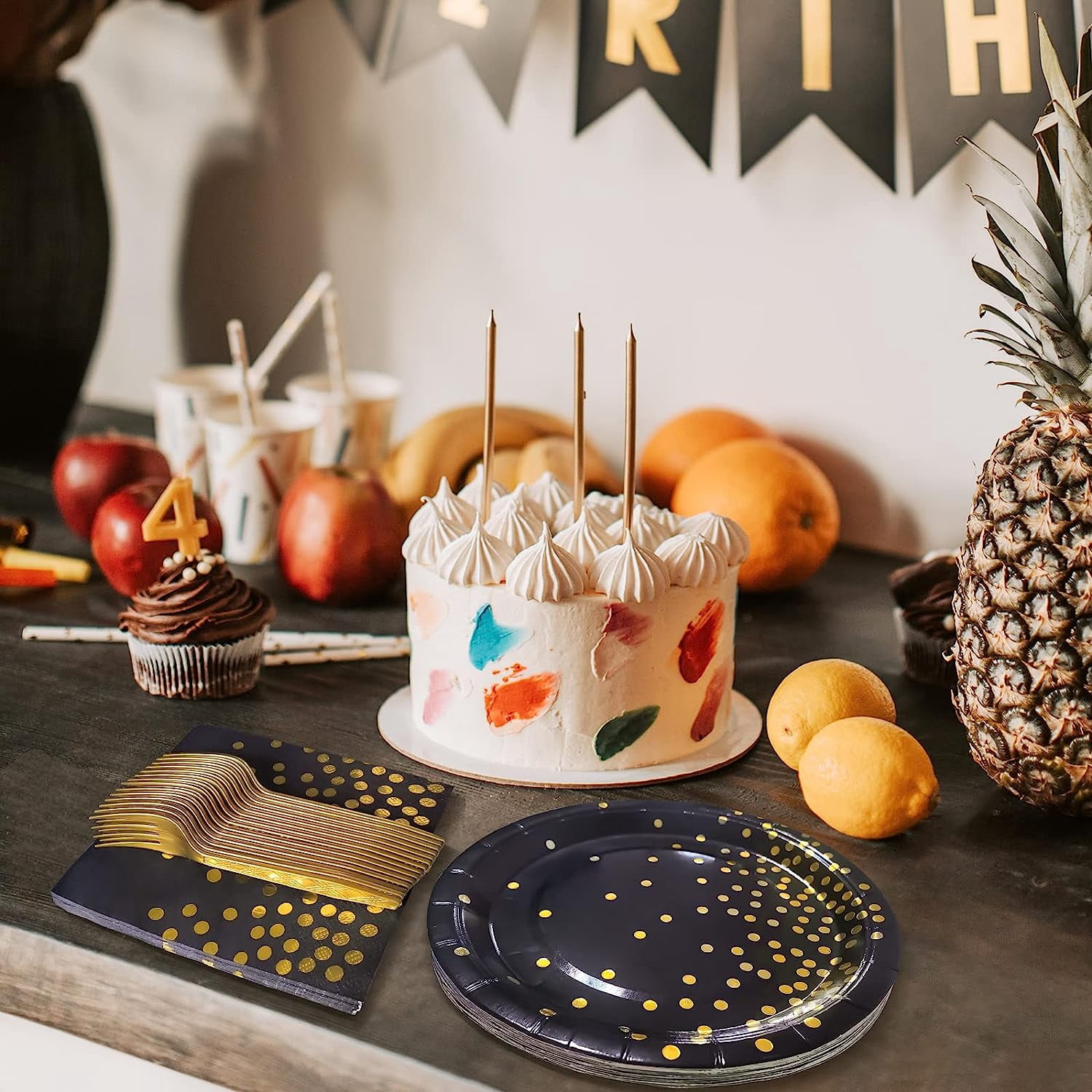 Black and Gold Party Supplies,Black Paper Dessert Plates,100 Pack - 50 x 9" and 50 x 7" Dinner Plates,Disposable Dinnerware Gold Dot Paper Plate for Birthday Retirement Anniversary Party
