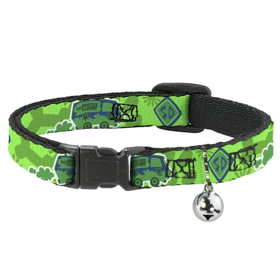Scooby Doo Cat Collar, Breakaway Collar with Bell, Scooby Doo Mystery Machine Dog Tag Collage Greens Blues, 8.5 to 12 Inches 0.5 Inch Wide