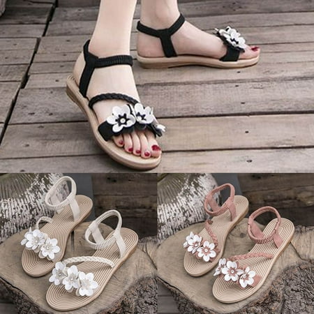 

Cethrio Sandals for Women Flats Shoes- Wide Width Flat Open Toe Flower with Pockets on Clearance Beige Dressy Sandals/ Slides Size 4.5