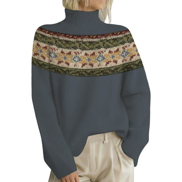 Breezora Chandail à Col Roulé Contemporain pour Femmes, Design à Imprimé Rétro, Manches Longues, Tricoté, Coupe Ample, Confort, Mode d'Automne, Taille g, Bleu Marine