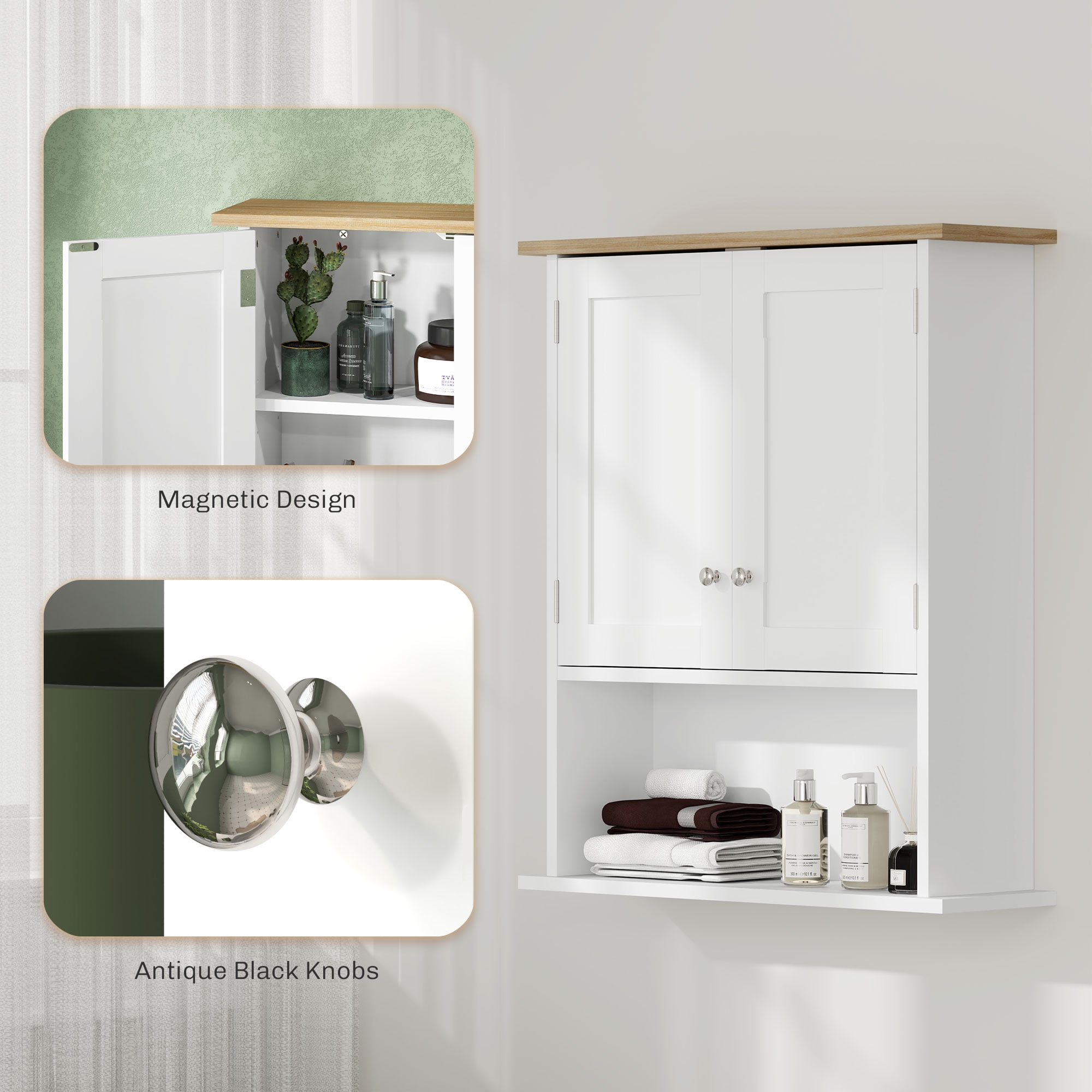 HOMCOM Over the Toilet Bathroom Wall Cabinet, Modern Bathroom Cabinet Wall Mounted Medicine Cabinet with 2 Doors, Adjustable Shelf, White
