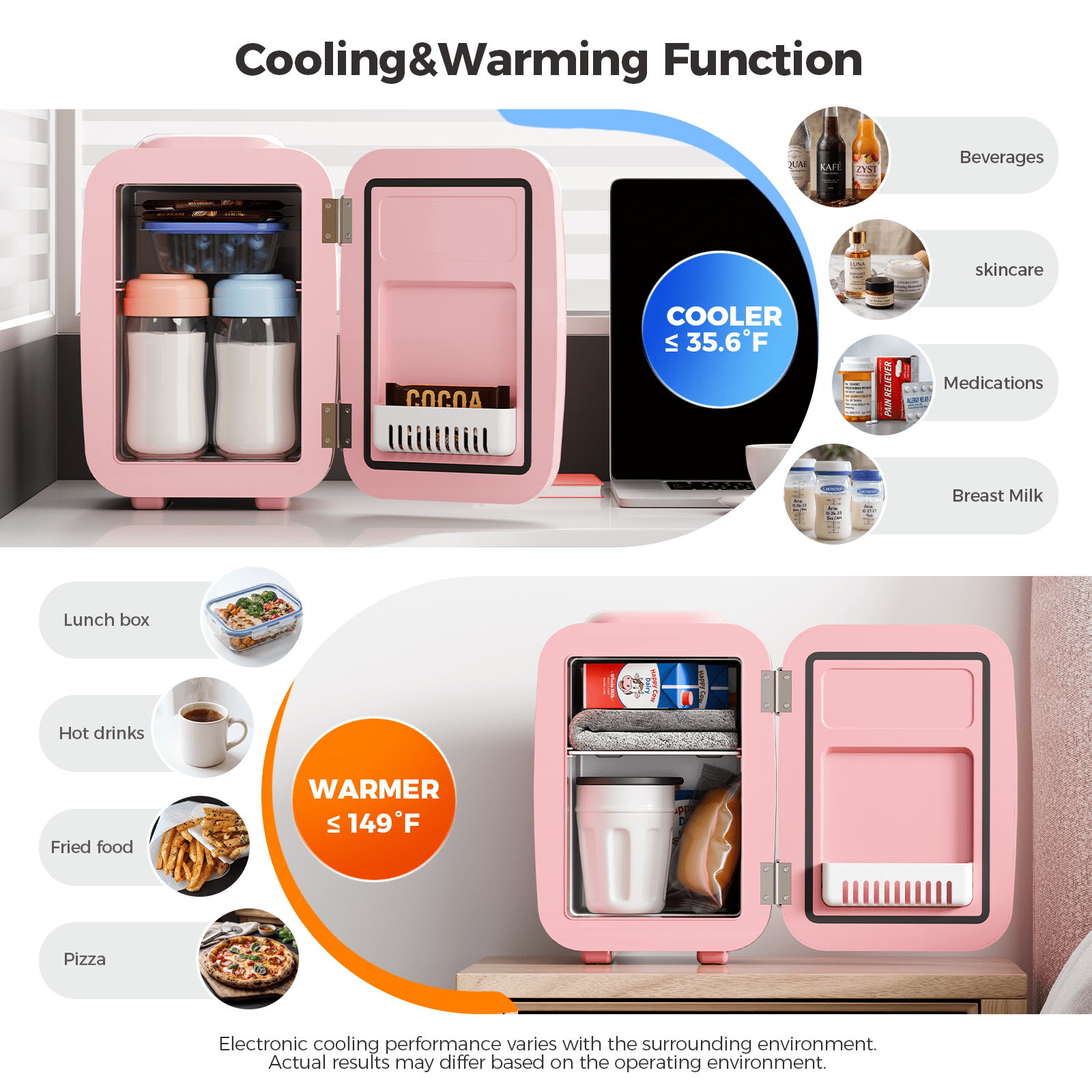 Mini Fridge, 4 Liter/6 Can Mini Makeup Fridge, 110V AC/ 12V DC Portable Thermoelectric Cooler&Warmer for Skincare, Drink, Cosmetic, Medicine, Small fridge for Bedroom, Office, Dorm, Car, Pink