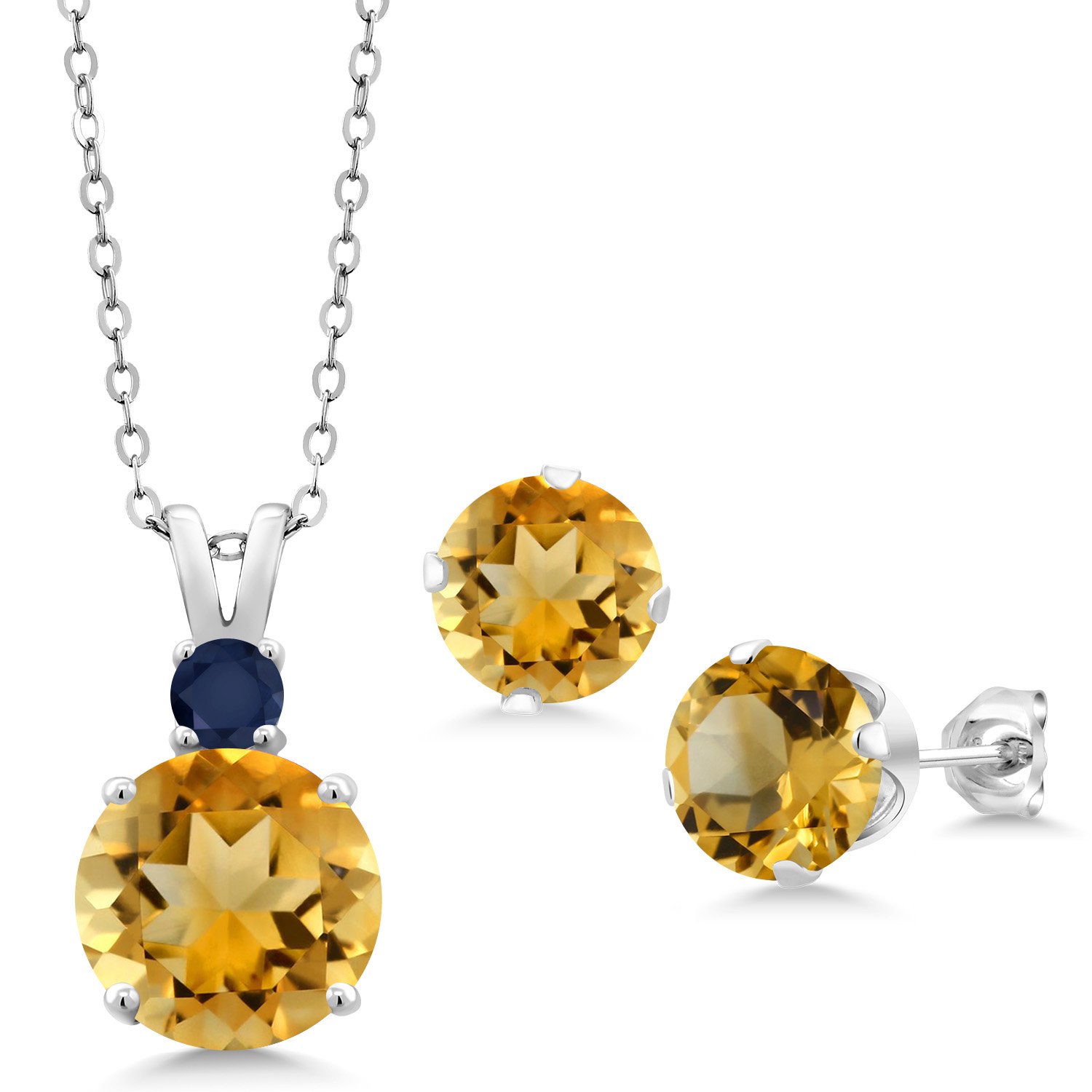 Gem Stone King 925 Sterling Silver Yellow Citrine and Blue Sapphire Pendant and Earrings Jewelry Set for Women (10.78 Cttw, Round 10MM, Gemstone November Birthstone, with 18 inch Silver Chain)