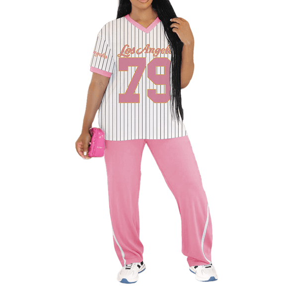Lounge 2 Piece Sets for Women Summer Casual Outfits Jersey Shirts and High Waisted Pants Sets Pink 2XL