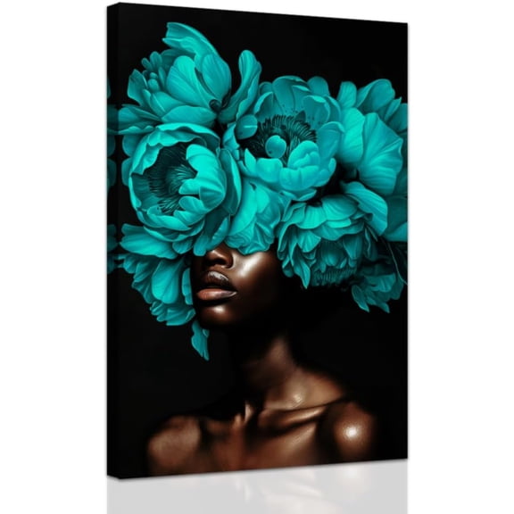 ZHONGYUTONG African American Wall Art Teal Painting Bloom Flower on Black Women Head Canvas Prints Africa Girl Portrait Pictures Framed Modern Home Decor (12.00" x 18.00")