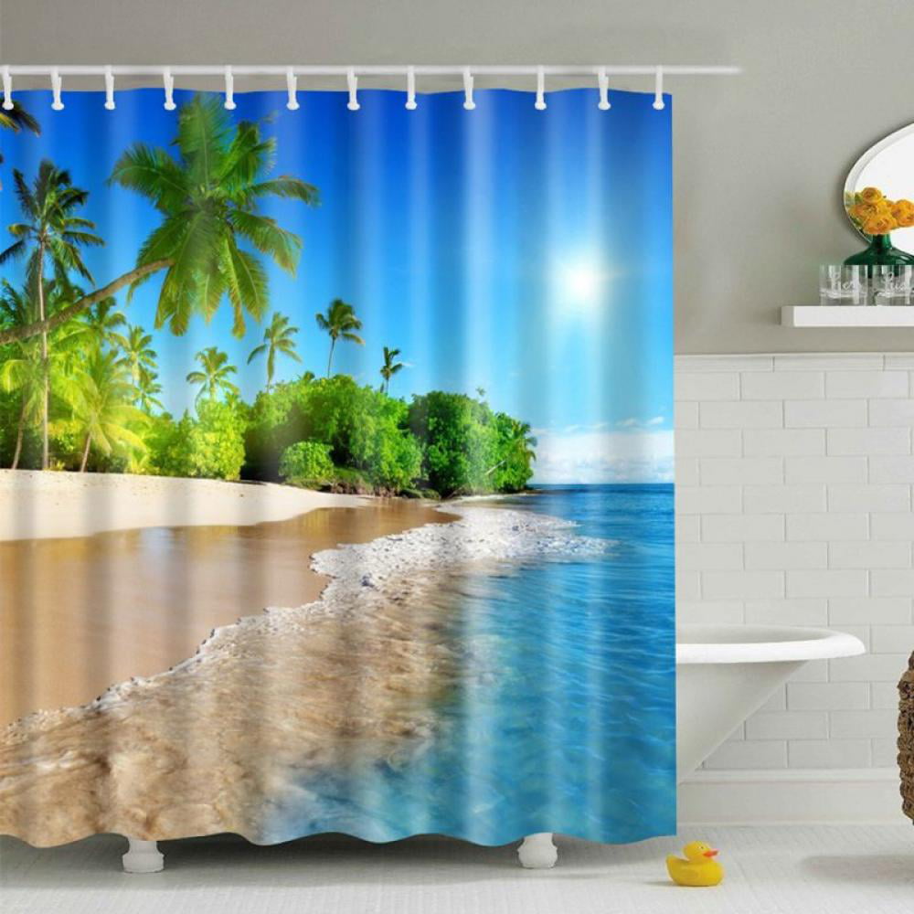 Ocean Decor Beach Coconut Tree Shower Curtain Bathroom Fabric & 12Hooks 71*71in 