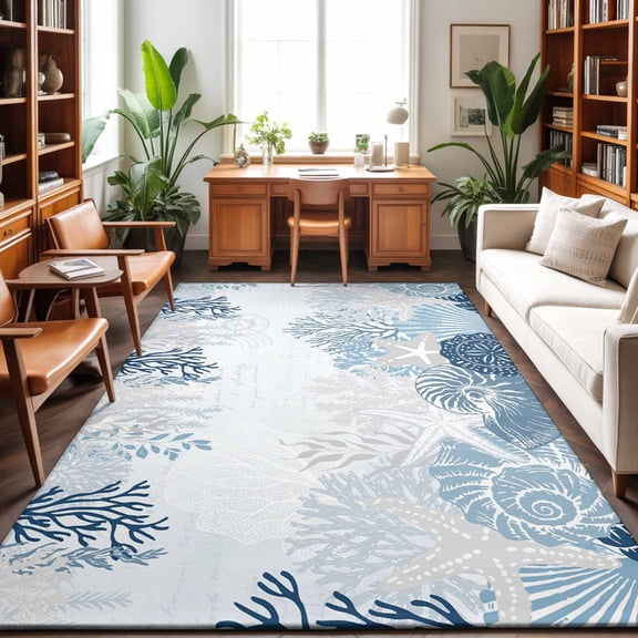 Area Rugs 3'x5', Summer Weeping Corals Carpet Runner Indoor Outdoor Rugs Home Decor Aesthetic, Coastal Beach Starfish Conch Lake Blue Non Slip Mats Washable Accent Rug for Living Room Bedroom