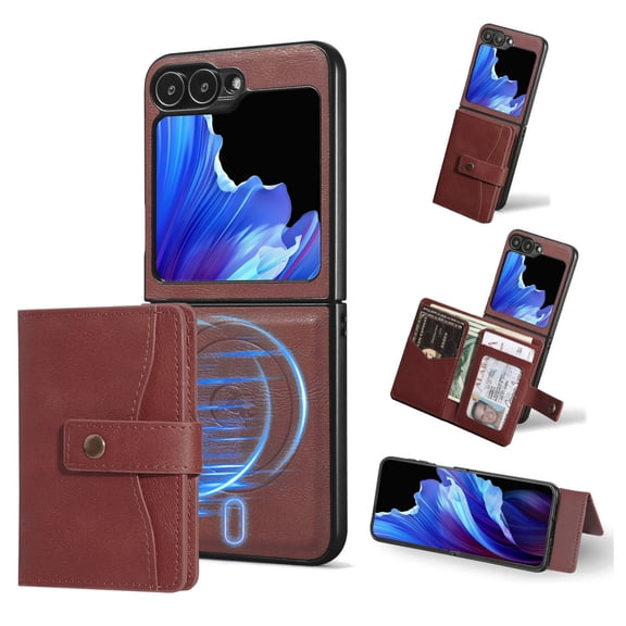 Detachable Magnetic Phone Cases Compatible with Samsung Galaxy Z Flip 8, Case with Card Holder, Support Magnetic Wireless Charger, Classic PU Leather Kickstand Wallet Phone Cover, Winered