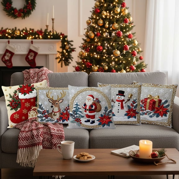 Fwttom Christmas Pillow Covers 18x18, Red Christmas Throw Pillow Covers Holiday Snowman Decoration Sofa Linen Pillow Imitation Embroidery Cushion Cover