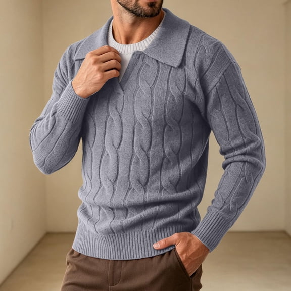 Vxararl Mens Polo Sweater Long Sleeve Collared V Neck Sweater Fall Winter Layering, Soft Warm Feel Sweater Classic Casual Long Sleeve Mens V Neck Sweater Gray S