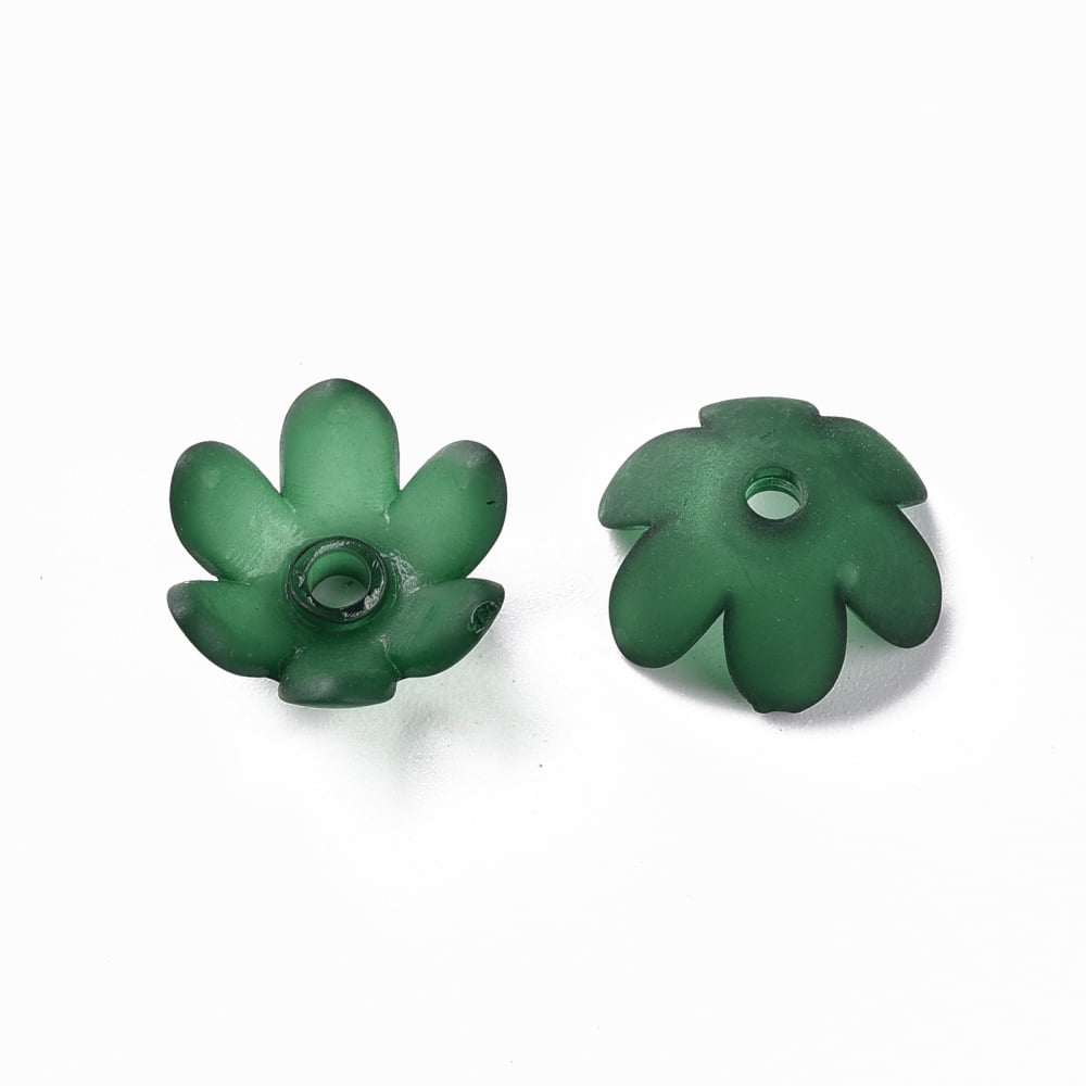 Frosted Acrylic Bead Caps 6-Petal Flower Dark Green 14x6mm Hole: 2mm 1660pcs/500g