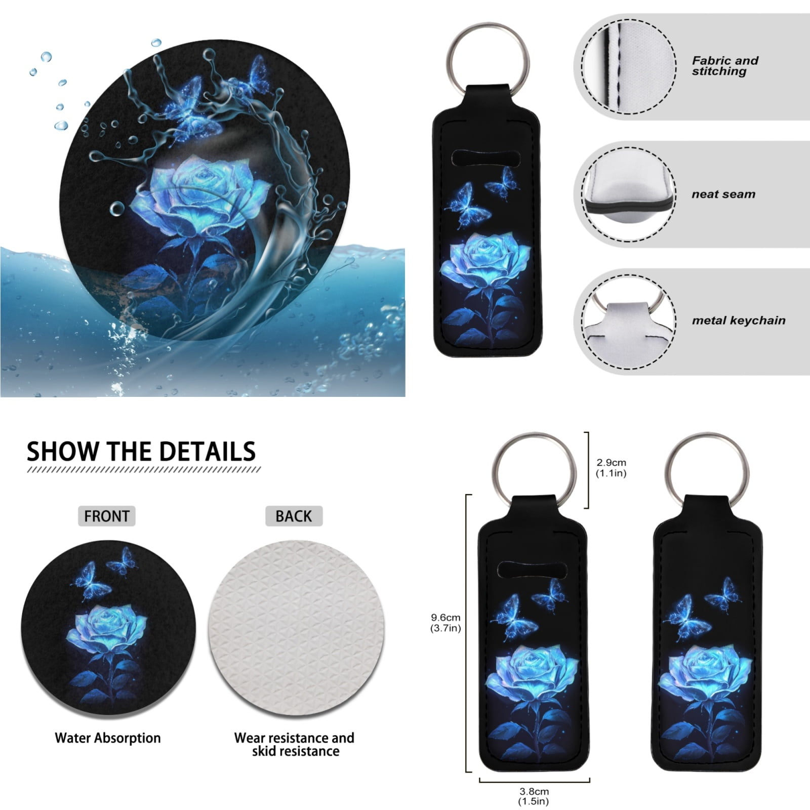 Jeiento Blue Rose Car Seat Cover Full Set Car Floor Mats Steering Wheel Cover Seatbelt Pad Armrest Cover Butterfly Cup Coaster Keychains Chapstick Holder Auto Interior Accessories Set of 17