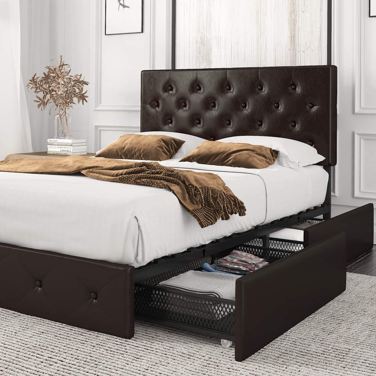 Amolife Queen Size Platform Bed Frame with 4 Storage Drawers, Faux