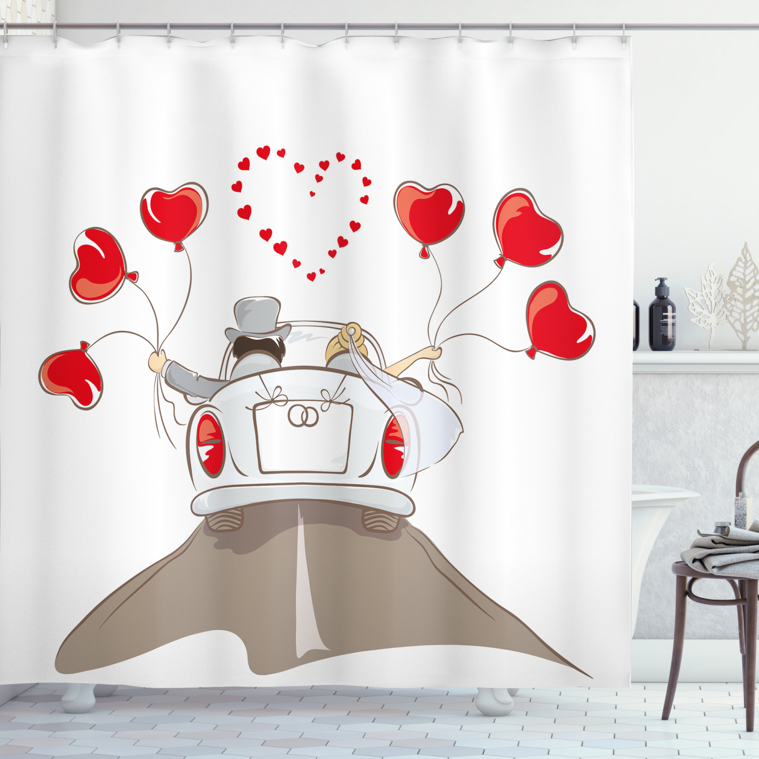 Ambesonne Romance Shower Curtain, Newlywed Couple in Car, 69