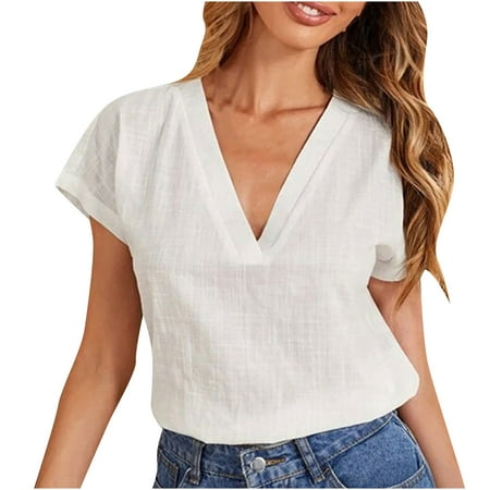 

Womens Summer Tops Casual Loose Solid Color Dress Shirts V Neck Short Sleeve Corset Tops