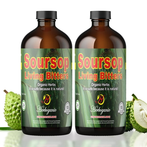 Herboganic Soursop Living Bitters - Organic Natural, Pack of 2, 16 oz Each