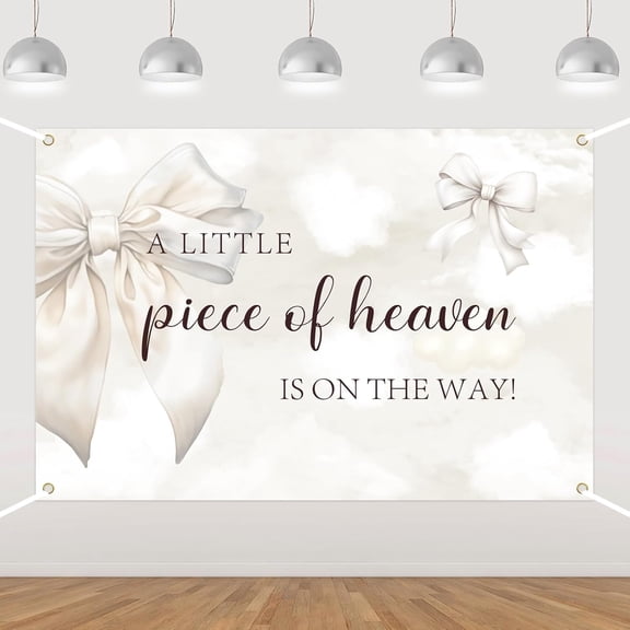 6x4FT White Bows Clouds Baby Shower Backdrop A Little Piece of Heaven is On The Way Photography Background for Girls Welcome Newborn Shower Birthday Party Decorations Banner Photo Booth Props