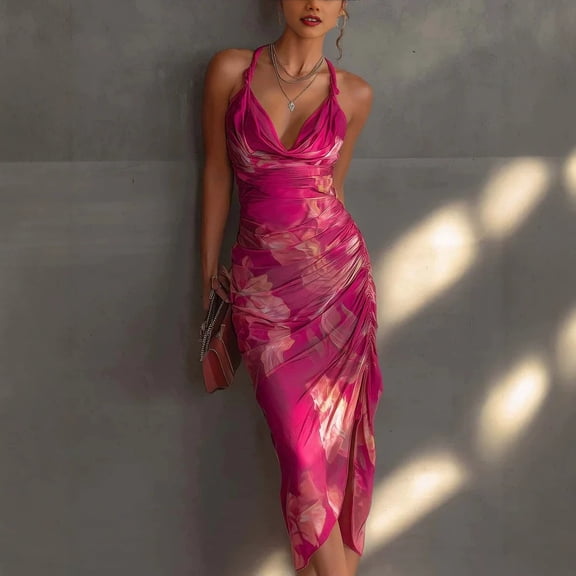 2026 New Women's Hot Pink Floral Halter Slip Midi Dress Cowl Neck Ruched High Slit Bodycon Party Dress