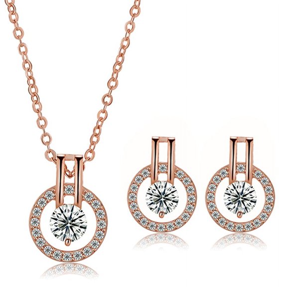 Ruanlalo Women's Zircon Round Pendent Choker Chain Necklace Earrings Wedding Jewelry Set Golden