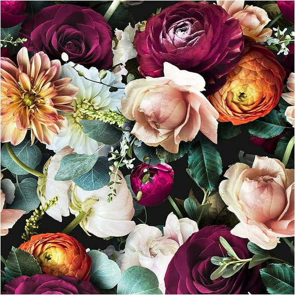 HAOKHOME 93277 Peel and Stick Floral Wallpaper Rose Daisy Removable Black/Pink/Purple Stick on Wild Mural 17.7in x 32.8ft