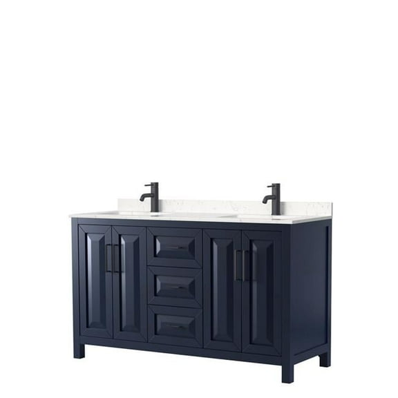 0.75 x 60 x 22 in. Daria Double Bathroom Vanity with Light-Vein Carrara Cultured Marble Countertop, Undermount Square Sink & Matte Black Trim, Dark Blue