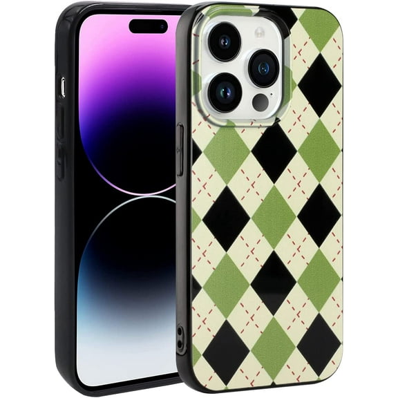 Phone Case for iPhone 14 Pro, Kawaii TPU Bumpers Back Phone Cover for iPhone 14 Pro 2022 (6.1 Inch), Women Girl Cute Protective Cases Slim Cover, Green Diamond Grid