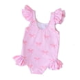 thumbnail image 5 of Avrnliq Girls Pink Striped Bow Print One Piece Swimsuit Ruffled Flutter Sleeve Skirted Bathing Suit for Kids Kids Beach Pool Party,Size 6 T, 5 of 9