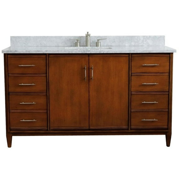 MCM 61" Rectangle Sink Vanity in Walnut/White Carrara Marble Stone