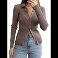 thumbnail image 1 of Camisa Informal de Larga para Mujer, de Color Liso, Sencilla, de Lana, con Solapa y Botones A Rayas. Camello XL, 1 of 8