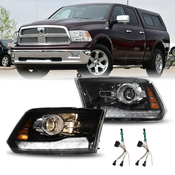 LED DRL Projector Headlights For 2009-2018 Dodge Ram 1500 2500 3500 (Fits for stock Projector headligths, models with Quad or Dual headlights) LED Yellow Turn signal Light Black/Clear Lens